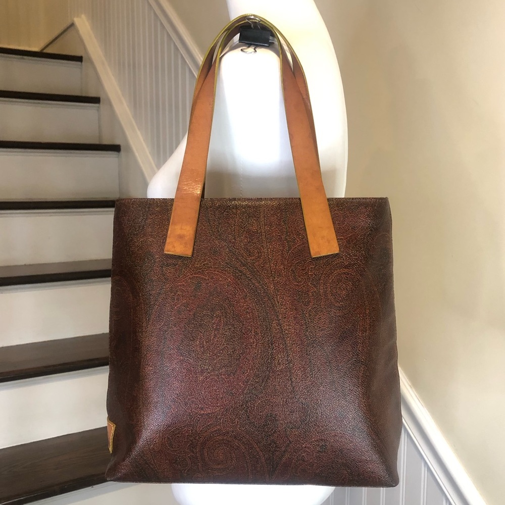 ETRO Milano Red Paisley Vachetta Leather Tote Shoulder Bag Interior Zip Pocket